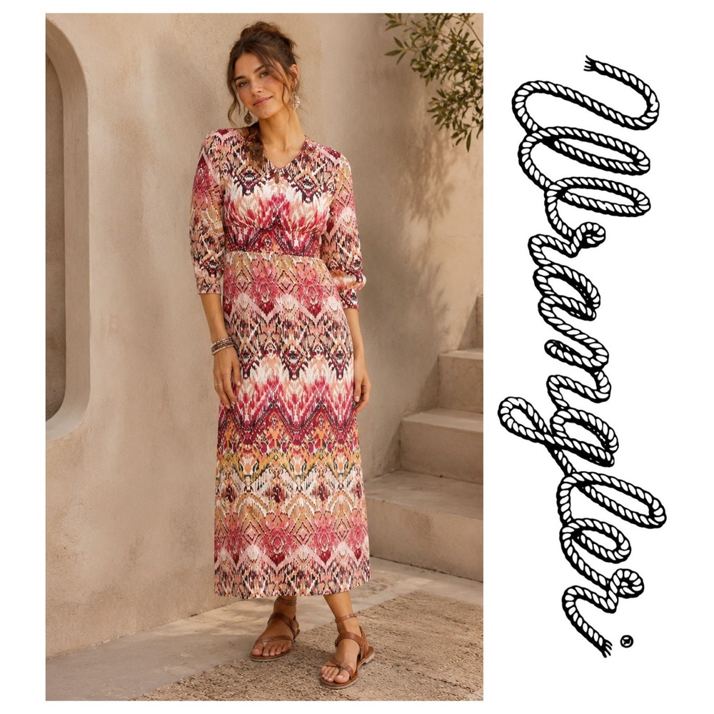 Wrangler Women's Southwestern Multicolored 3/4 Sleeve Keyhole Neck Midi Dress XL